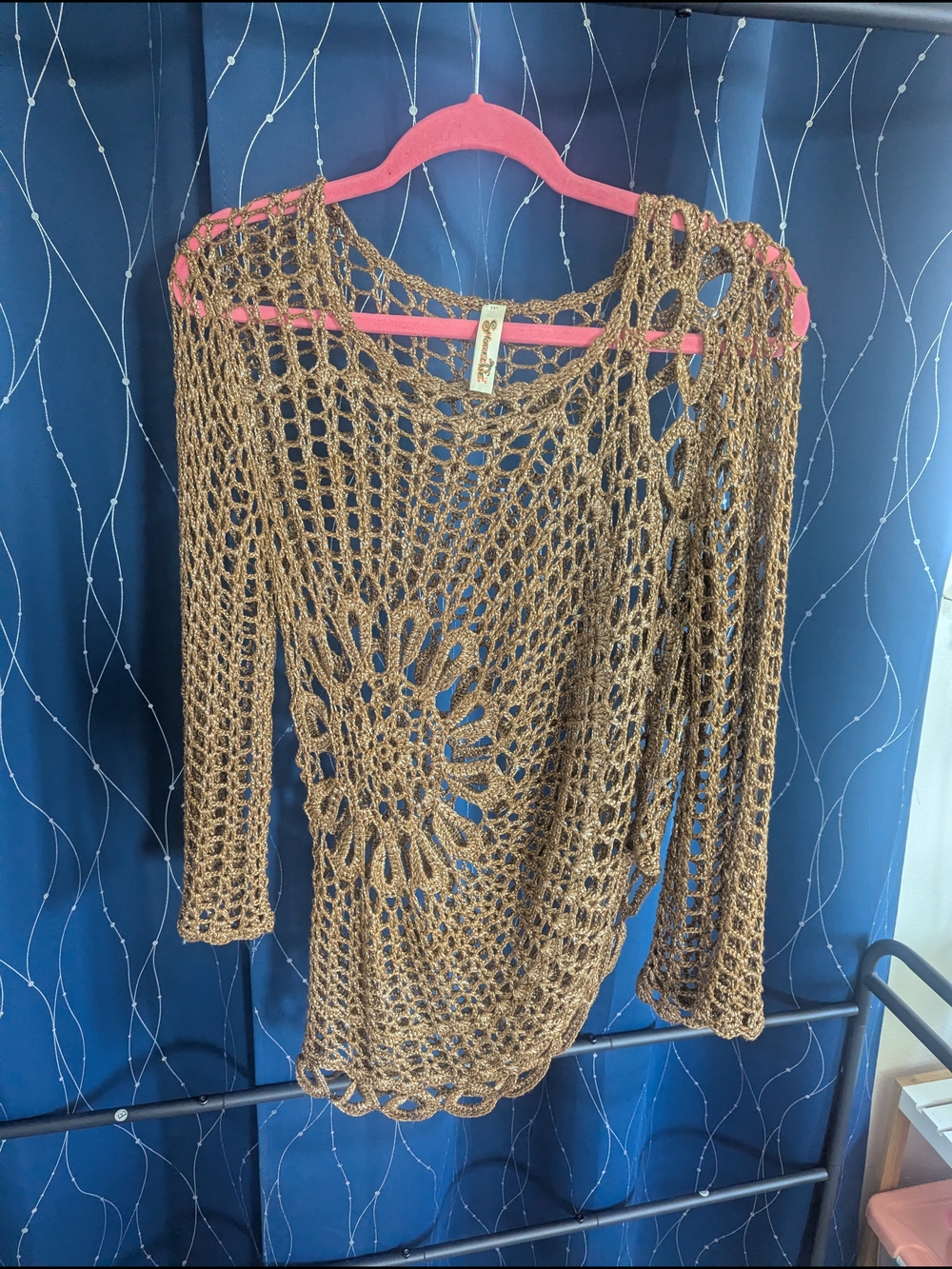 Shoreline Brown Crochet Open-Weave Top with Coral Accent